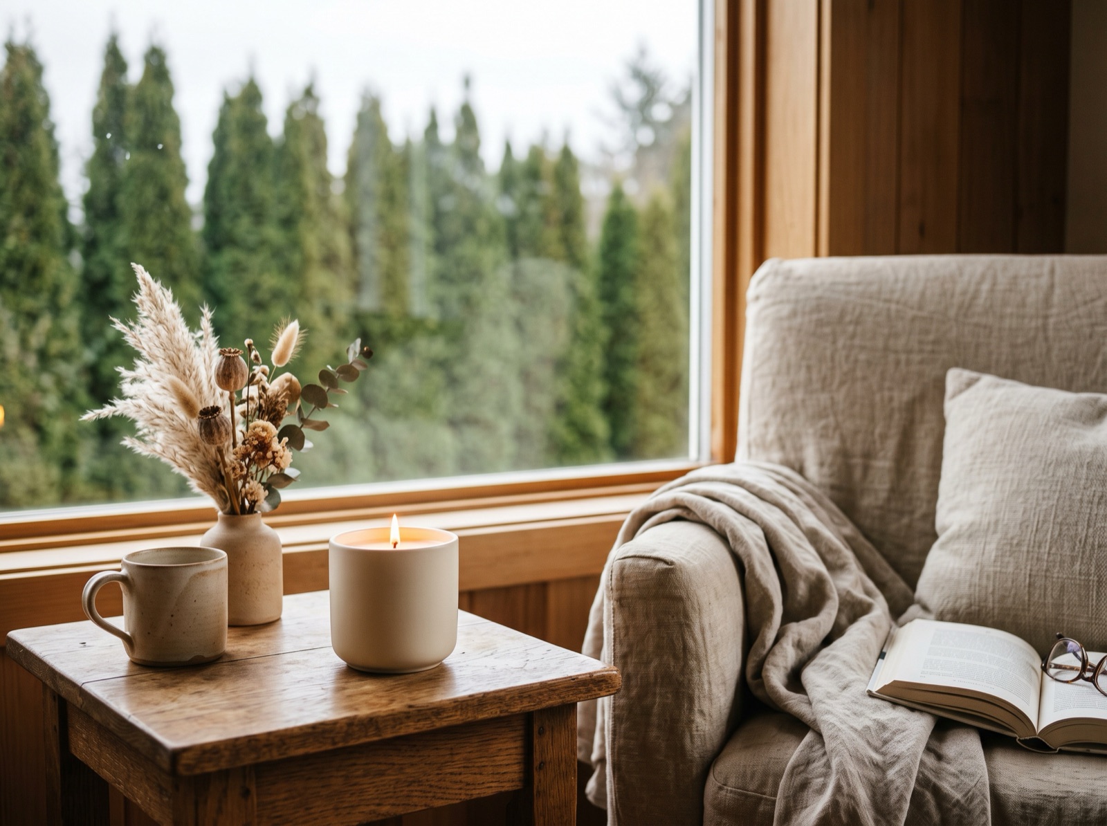 A lit Cedar Row soy candle in a cozy home by a window overlooking a row of cedar trees
